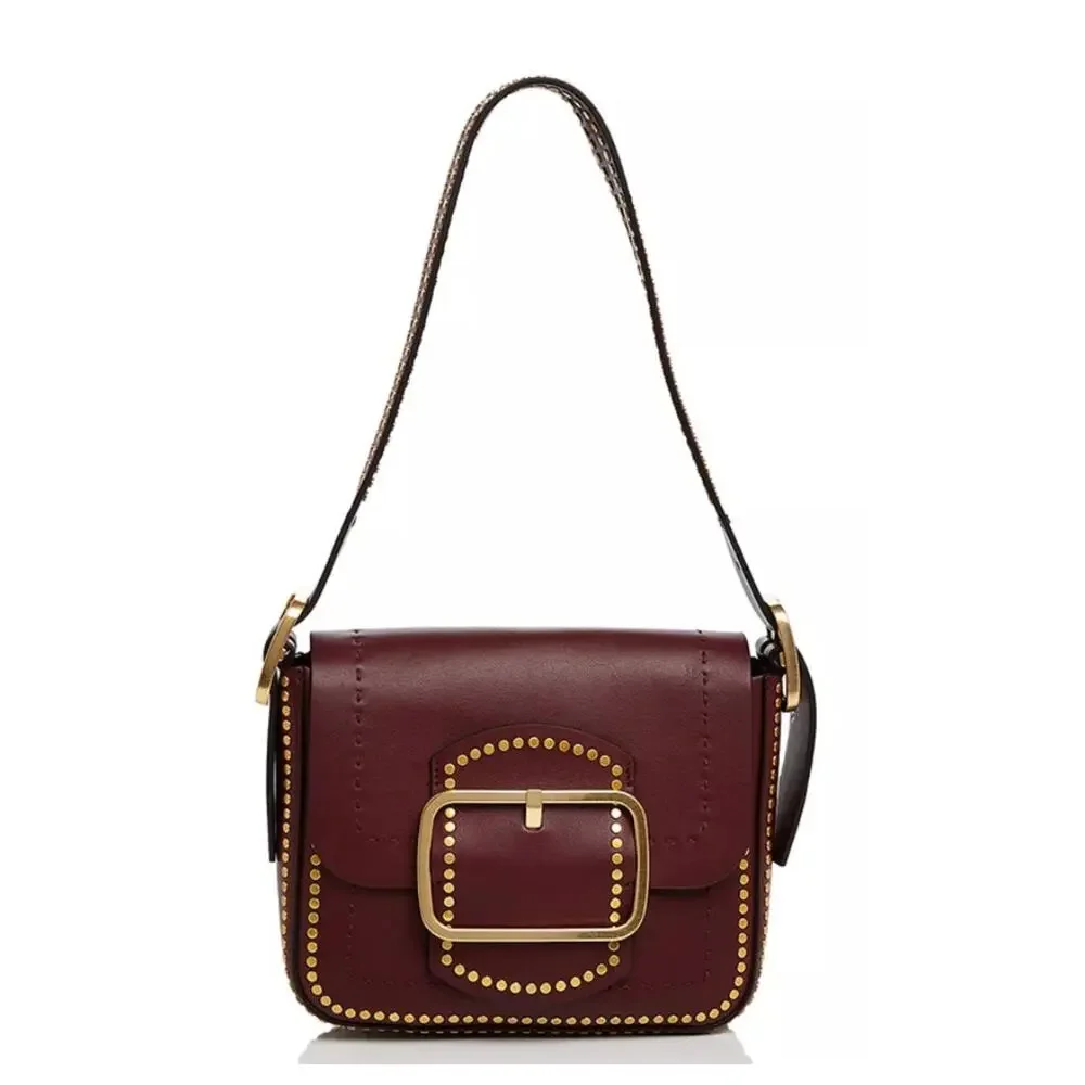 Tory Burch Sawyer Leather Maroon Gold Studded Big Buckle Small Shoulder Bag